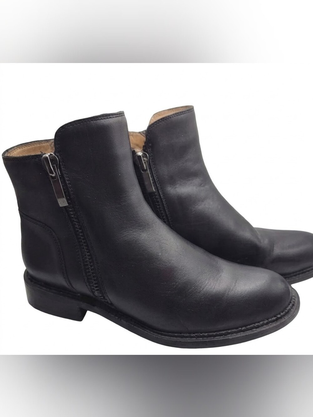 Franco Sarto Harmona Black Leather Ankle Bootie Women Sz 9.5 M Side Zip Low Heel